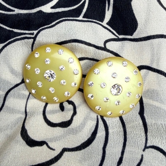 Jewelry - Vintage Round Rhinestone Clip On Earrings Yellow Resin Statement